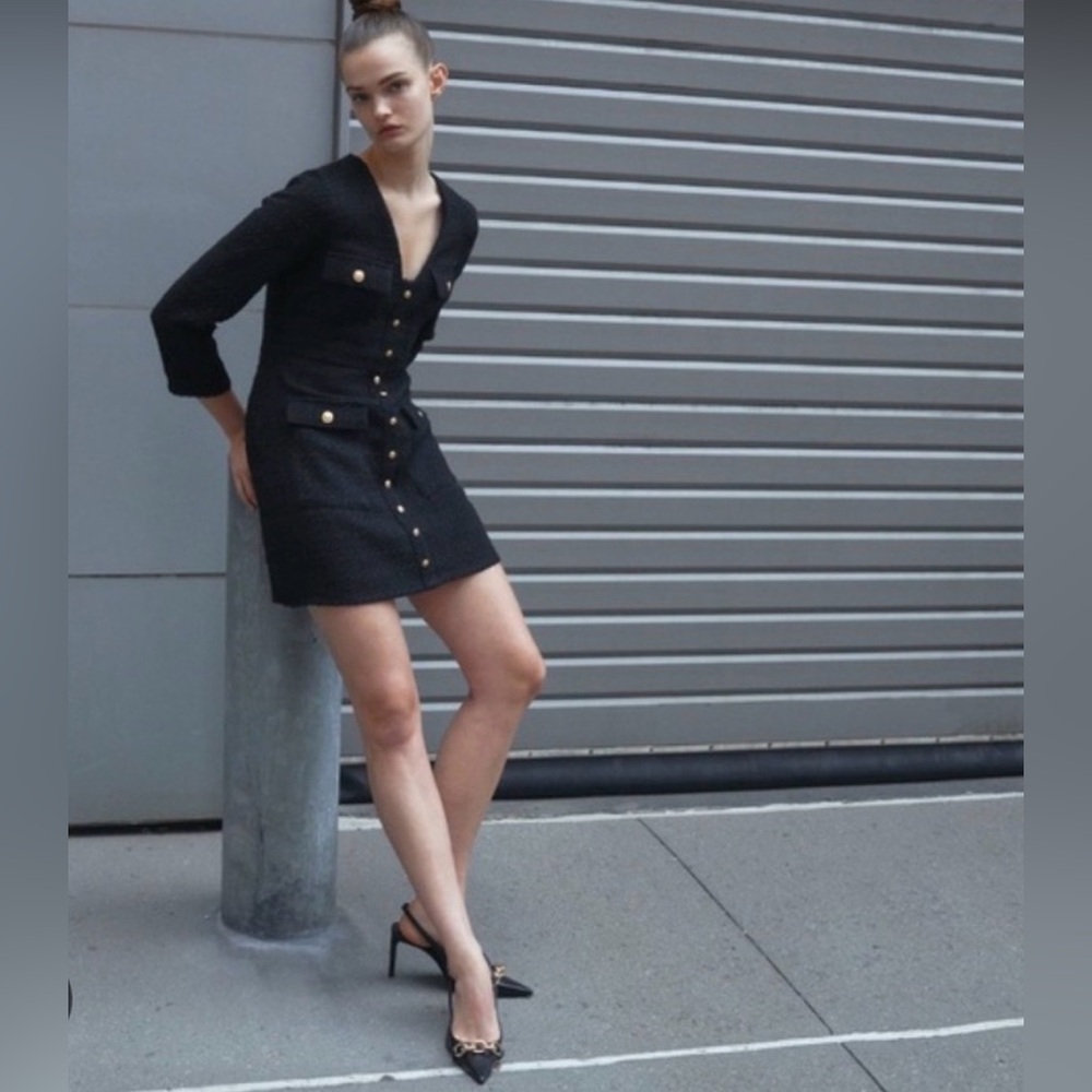 Zara Black Tweed Mini Dress with Gold Buttons - XS